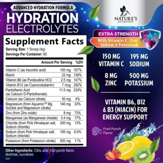 Daily Electrolyte Drink Mix Best Multivitamin Hydration Supplement 6 Electrolyte - 60 Servings By Nature's Nutrition image {1}