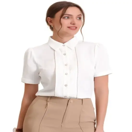 Allegra K Women's Contrast Trim Point Collar Puff Short Sleeve Button Down Shirt image {5}