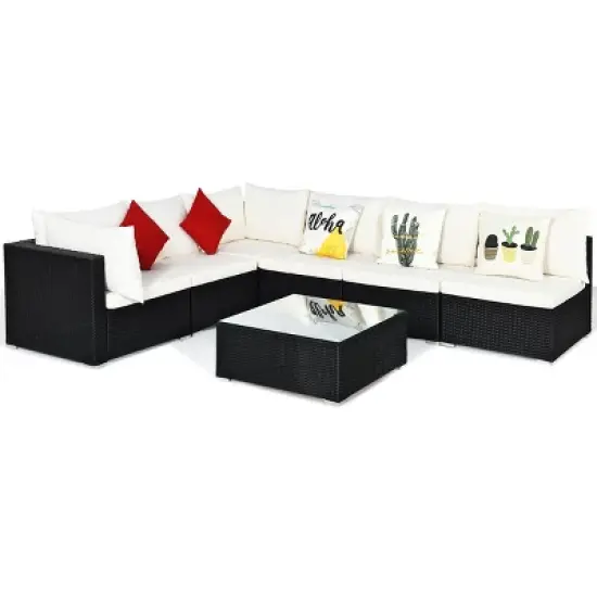 Costway 7PCS Patio Rattan Furniture Set Sectional Sofa Cushioned Glass Table Steel Frame image {1}