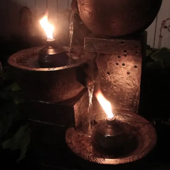 Sunnydaze 34"H Electric Polyresin 3-Tier Burning Bowls Outdoor Water Fountain with Real Flame Torch Accents image {6}