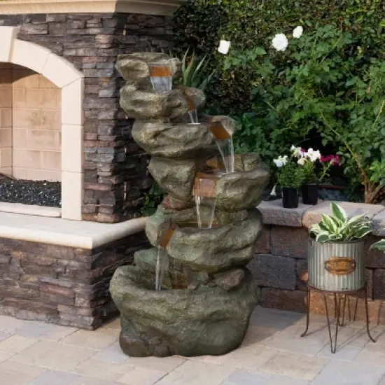 48" Resin Outdoor Multi-Tier Pristine Waterfall Fountain with LED Lights Dark Moss Green - Alpine Corporation image {1}