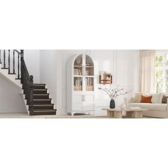 ORRD 71" Arched Farmhouse Pantry Cabinet - Adjustable Shelves, Hidden Drawer & Glass Door, White Kitchen Storage Cupboard image {1}