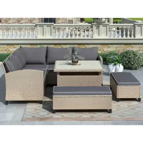 6pc Wicker Patio Set with Benches - Brown/Gray - GODEER image {3}