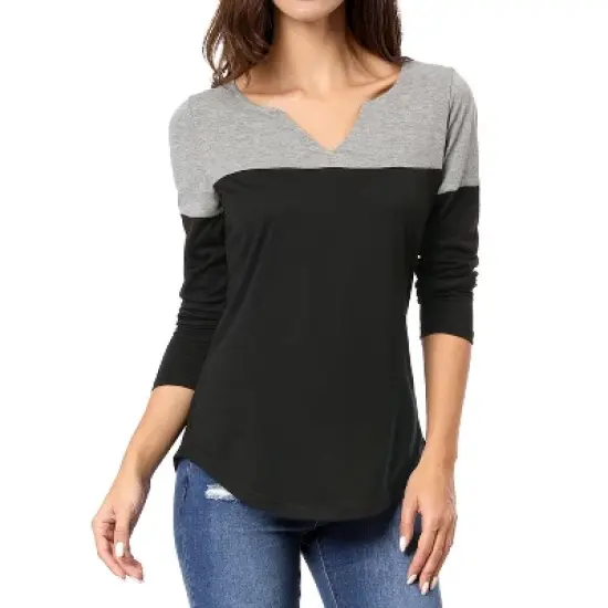 Allegra K Women's Color Block Stretch Split V-Neck T-Shirt image {6}