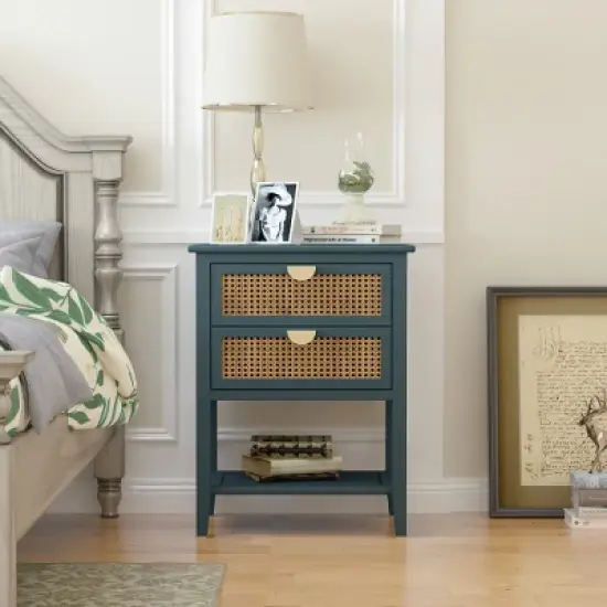 Archie 28.35"H x 15.75"D x 22.05"W Ash Wood Veneer 2 Drawer With Naturel Rattan and Pine Legs Nightstand With Storage  - The Pop Maison image {2}