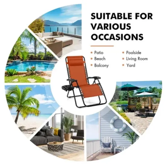 Costway Folding Zero Gravity Reclining Lounge Chairs Beach Patio with Utility Tray Orange image {7}