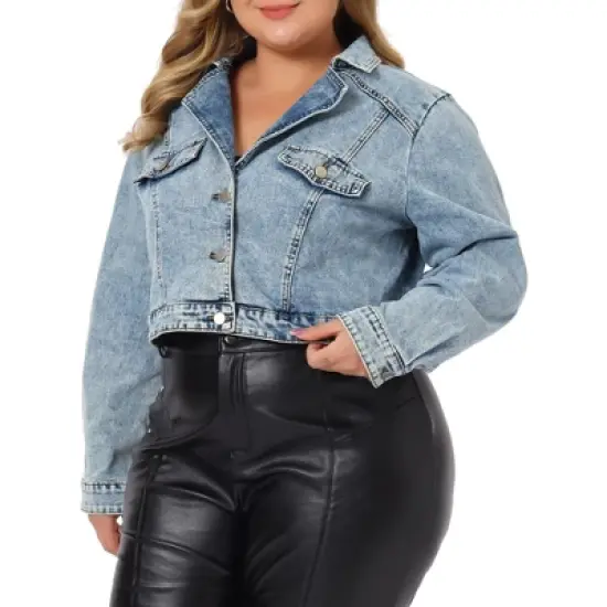 Agnes Orinda Women's Plus Size Retro Denim Notched Lapel Long Sleeve Classic Washed Crop Jean Jacket image {1}