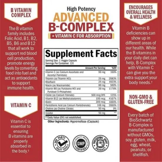 Advanced B-Complex Capsules, Vitamin B Supplement Capsules, Low Carb & Vegan Diet Support, Bioschwartz, 60 or 120ct image {2}