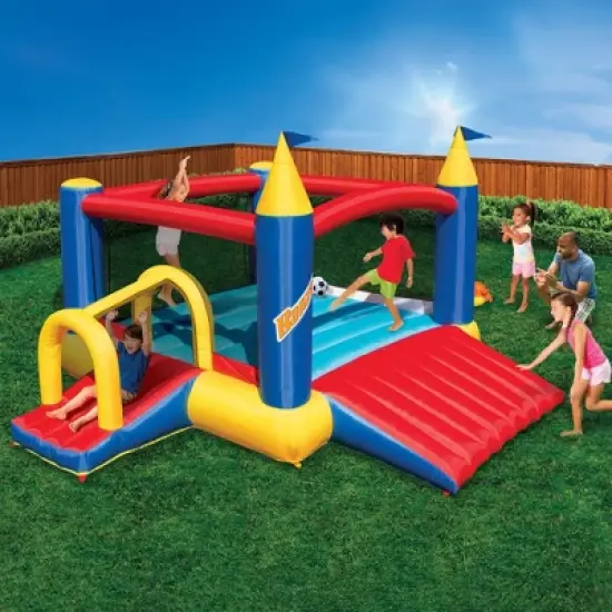 Banzai Slide N Fun Inflatable Slide and Bounce House with Oversized Entryway Slide, Soccer Net, Ball, and Included Motor Blower, Ages 3+ image {1}