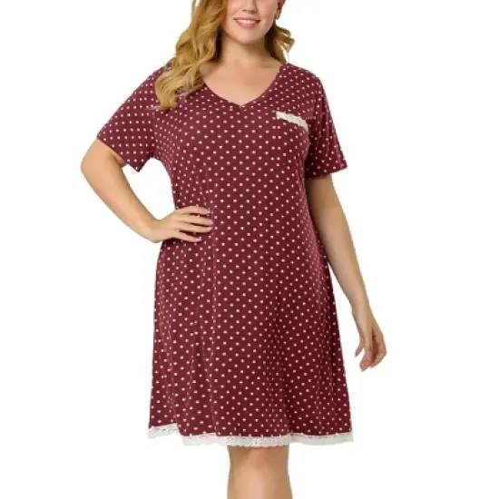 Agnes Orinda Womens Plus Size V Neck Polka Dots Short Sleeve Sleepwear Pajamas Nightgown image {9}