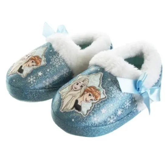 Disney Frozen Girl Slippers - Elsa and Anna Plush Lightweight Warm Comfort Soft Aline House Shoes - Blue ribbon (sizes 5-12 Toddler-Little Kid) image {1}