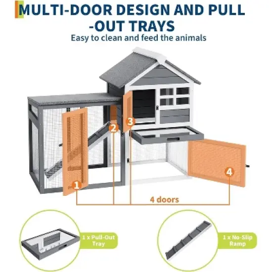 Acekool 2-Tier Rabbit & Chicken House, Weatherproof Outdoor/Indoor Pet Hutch with Pull-Out Tray, 4 Doors, Non-Slip Ramp image {3}