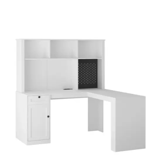 LOVMOR L-Shaped Study Table Writing Desk with outlet, Drawers, Bookshelf&Hutch, Modern Corner Home Office Desk, Corner Gaming Computer Desk w/ Storage image {9}