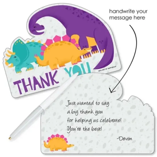 Big Dot of Happiness Roar Dinosaur Girl - Shaped Thank You Cards - Dino Mite Baby Shower or Birthday Party Thank You Cards with Envelopes - Set of 12 image {1}
