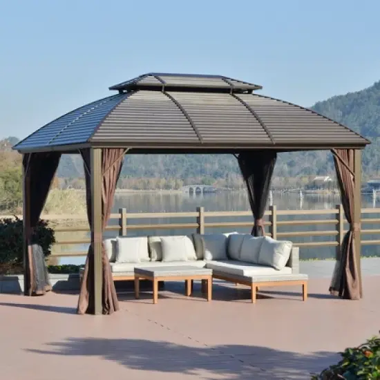 Outsunny 10' x 12' Hardtop Gazebo with Galvanized Steel Rounded Double Roof, Aluminum Frame, Pavilion Gazebo with Netting, Hooks, and Curtains, Brown image {1}