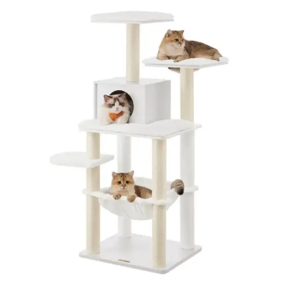 Feandrea WoodyWonders Cat Tree, Cat Tower for Indoor Cats, 54.3-Inch Multi-Level Cat Condo, Scratching Posts, Hammock, Removable, Washable Cushions image {9}