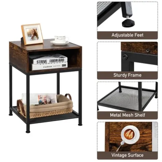 Costway Set of 2 Industrial Nightstand End Side Table W/ Compartment & Mesh Shelf image {7}