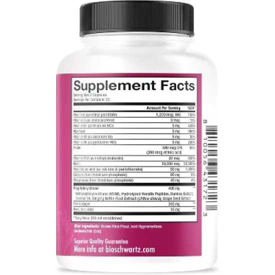 Biotin Collagen Keratin Hyaluronic Acid and B Complex Supplement Capsule, Beauty Vitamins for Women for Hair Skin and Nail Support, Bioschwartz, 60ct image {6}