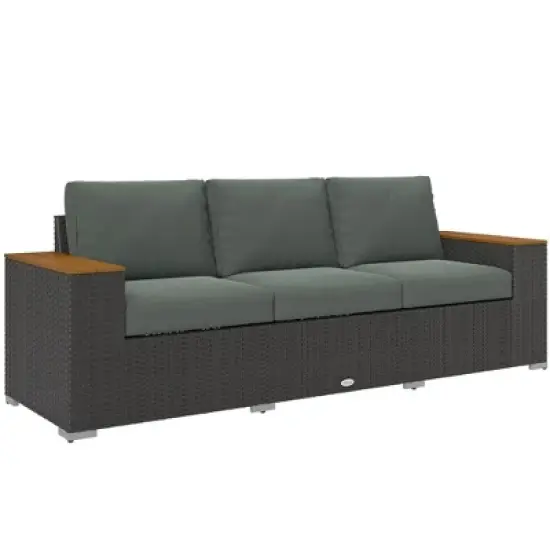 Outsunny Thick Cushioned 3-Seater Outdoor Sofa, Wood Grain Wide Armrests, Patio Couch image {7}