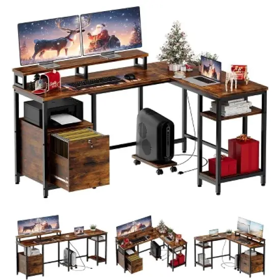 ODK 67" L-Shaped Office Desk with File Drawer, Gaming Desk with Mobile CPU Stand, Computer Desk Featuring Monitor Shelf and Printer Storage Shelves image {4}