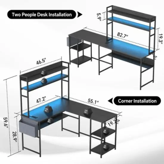 Mr Ironstone L Shaped Gaming Desk with LED Lights & Power Outlets Computer Desk with Hutch Office Desk with Storage Shelf, Headphone Hook,Cup Holder image {5}