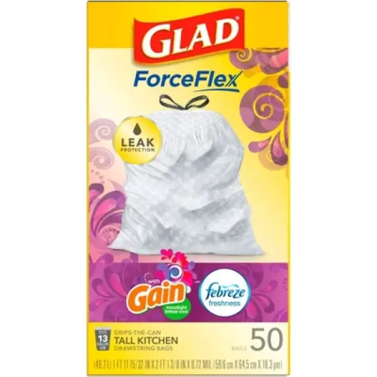 Glad ForceFlex White Trash Bags Gain Moonlight Breeze Scent with Febreze Freshness 13 Gallon - 50ct image {9}