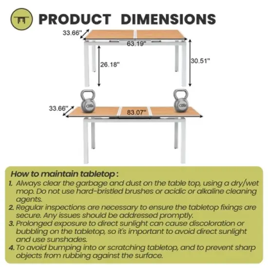 Crestlive Products Outdoor Dining Table, 63"-83" Patio Extendable Dining Table with Wooden-Like Top and White Aluminum Frame image {2}