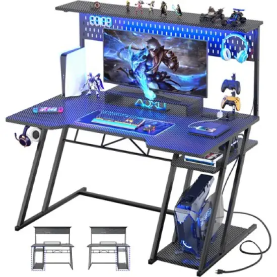 Aheaplus Gaming Desk with Hutch and LED Lights, Computer Table with Storage Shelves image {1}