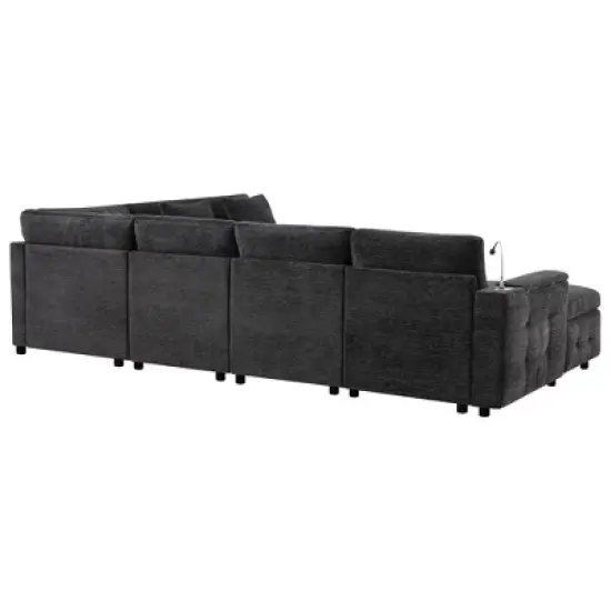 Whisen Chenille Sectional Pull-Out Sofa Bed with Flip-Up Table, Adjustable Reading Lamp, Charging Ports, Movable Storage Ottoman image {10}