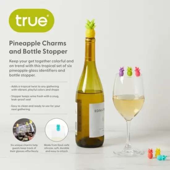 True Pineapple Wine Glass Charms and Drink Markers with Bottle Stopper Set, Silicone, Set of 1 Bottle stopper and 6 Drink Charms, Multi Colored image {1}