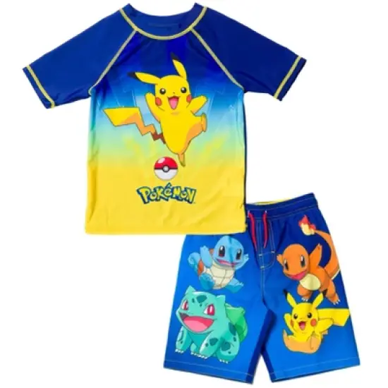 Pokemon Bulbasaur Charmander Squirtle Pikachu Pullover Rash Guard and Swim Trunks Outfit Set Toddler to Big Kid image {9}