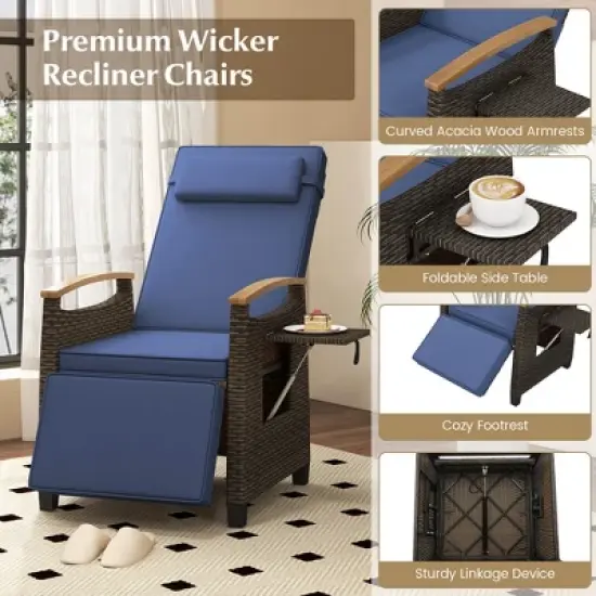 Costway 1/2 PCS Patio Wicker Recliner Chair with Adjustable Backrest Footrest Flip Side Table Navy image {8}