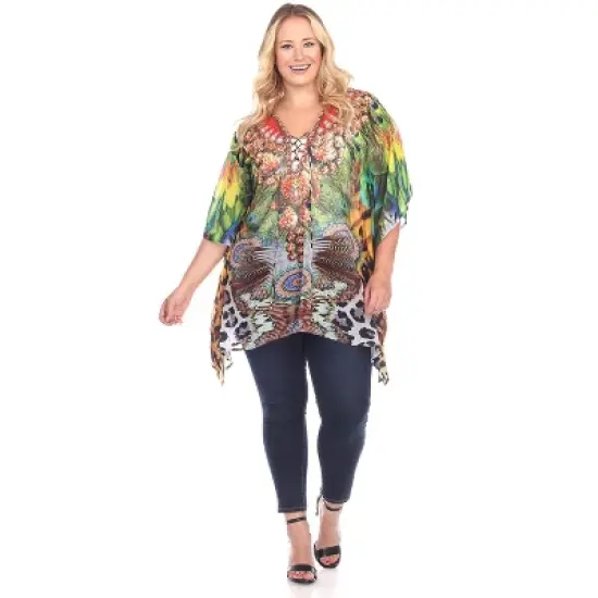 Women's Plus Size Animal Print Caftan with Tie-up Neckline - One Size Fits Most Plus - White Mark image {4}