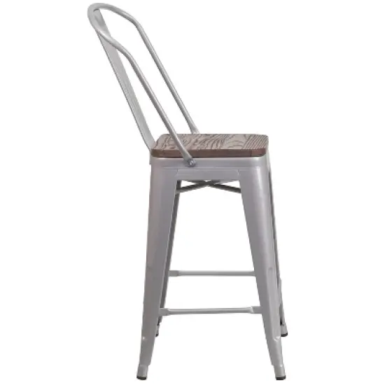 Merrick Lane Metal Dining Stool with Curved Slatted Back and Textured Wood Seat image {2}