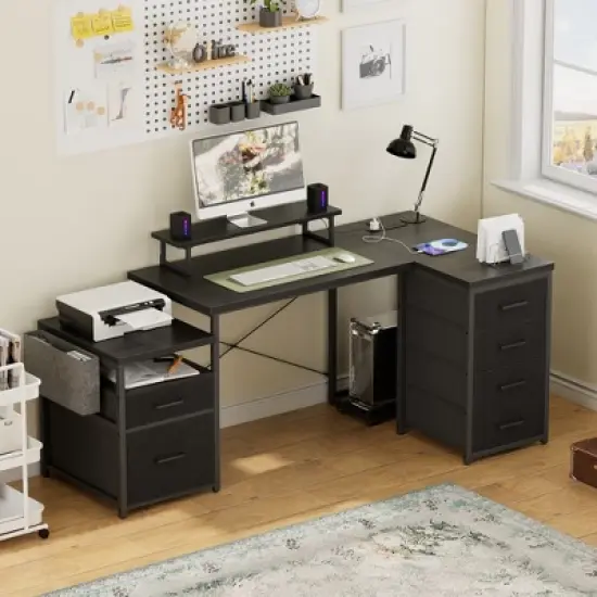 Aheaplus Reversible L Shaped Computer Desk, Home Office Desk with Fabric File Drawers image {9}