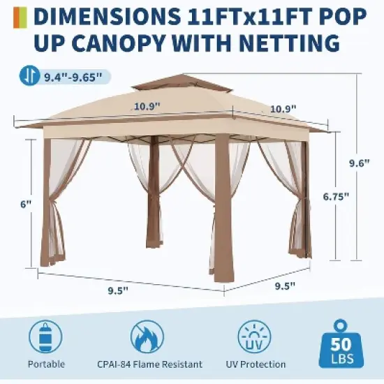 11x11FT Pop Up Instant Gazebo Tent With Mosquito Netting, Waterproof Outdoor Canopy Tent With Portable Carrying Bag for Backyard, Khaki image {1}