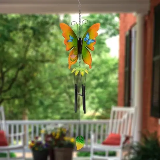 Northlight 15.75" Orange and Green Metal Butterfly Outdoor Garden Windchime image {1}