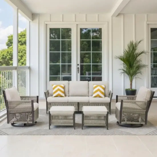 Buenhomino 5-Piece Patio Set &ndash; Sofa, 2 Swivel Chairs & 2 Ottomans, UV-Resistant Resin Wicker with Powder-Coated Steel Frame image {13}