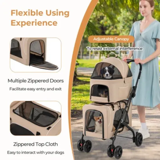 Tangkula Double Dog Stroller Foldable 3-in-1 4 Wheels with 2 Detachable Carriers Safety Belt Washable Cover Removable Pads for Small Medium Dogs image {5}