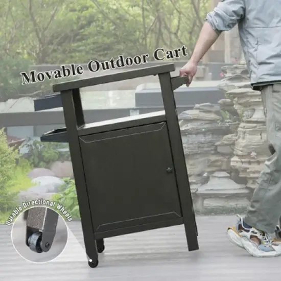 CLIHOME Outdoor Metal Grill Storage Carts,Portable Storage Cabinet Table with Wheels image {4}