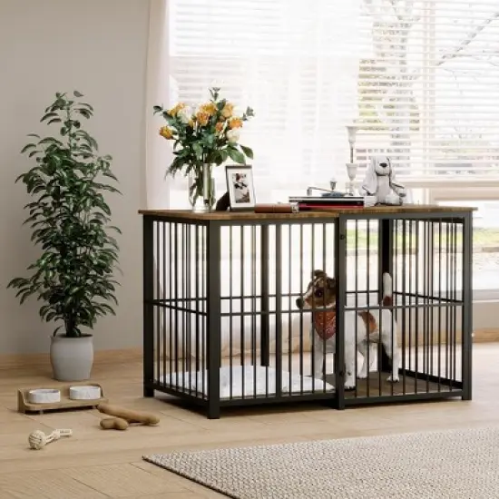 EROMMY Adjustable Dog Crate Furniture &ndash; Extendable Wooden Kennel (24.2" to 45.6") with Cushion, Heavy Duty End Table for Pets image {3}