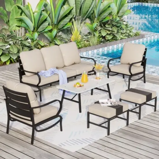 Captiva Designs 6pc Metal Patio Furniture Conversation Set with Armchairs and Ottomans for Garden Porch Backyard image {9}