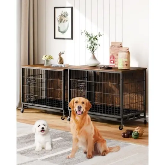 Dog Crate Furniture for Large Dogs - 38.6" Wooden Dog Kennel with Double Doors, Removable Tray, Wheels & Side End Table image {6}
