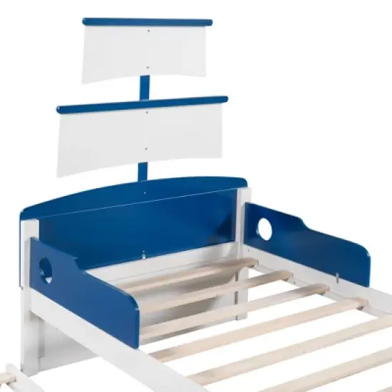 Twin Size Boat-Shaped Platform Bed with Trundle Bed and Storage Footboard-ModernLuxe image {9}