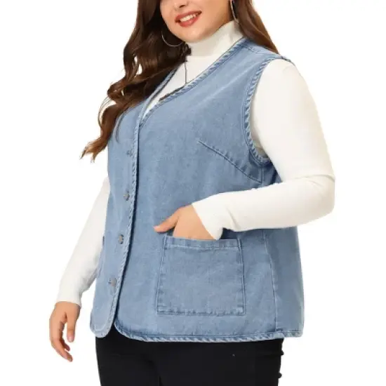 Agnes Orinda Women's Plus Size Sleeveless Denim Button Down V Neck Jean Vest image {1}