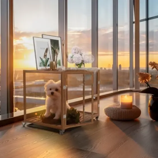 Artloge Modern Extra Large Heavy Duty Dog Crate Tempered Glass Brown Pet Cage with Anti-Rust Aluminum Frame Lockable Casters & Spacious Interior,L image {2}