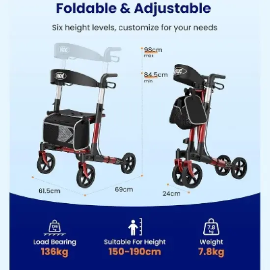 Walkers-for-Seniors-with-Seat,Folding Rolling Walker with Wheels,support 300lbs-Red image {5}
