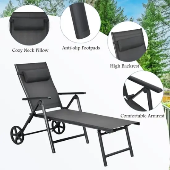 Costway  Patio Lounge Chair W/ Wheels Neck Pillow Aluminum Frame Adjustable image {6}