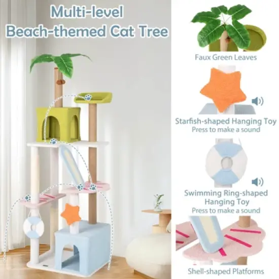 Costway 71&rdquo; Tall Cat Tree Multi-Level Aesthetic Beach-Themed Cat Tower w/ Jute Scratching Posts image {5}
