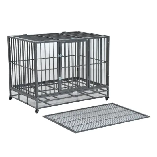 PawHut Heavy Duty Dog Crate Dog cage Kennel with Lockable Wheels, Double Door and Removable Tray, Grey image {7}